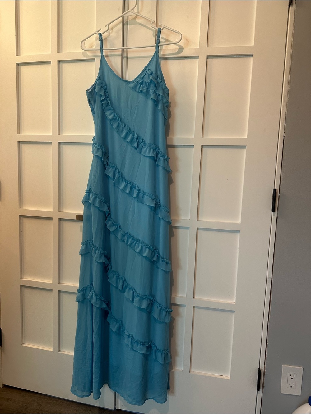 Sleeveless Light Blue Ruffle Maxi Dress